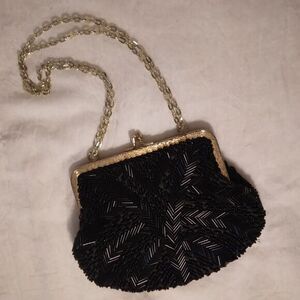 Vtg Black Beaded Evening Purse Kiss Lock  Silvertone Chain Strap Hong Kong 7"×6"